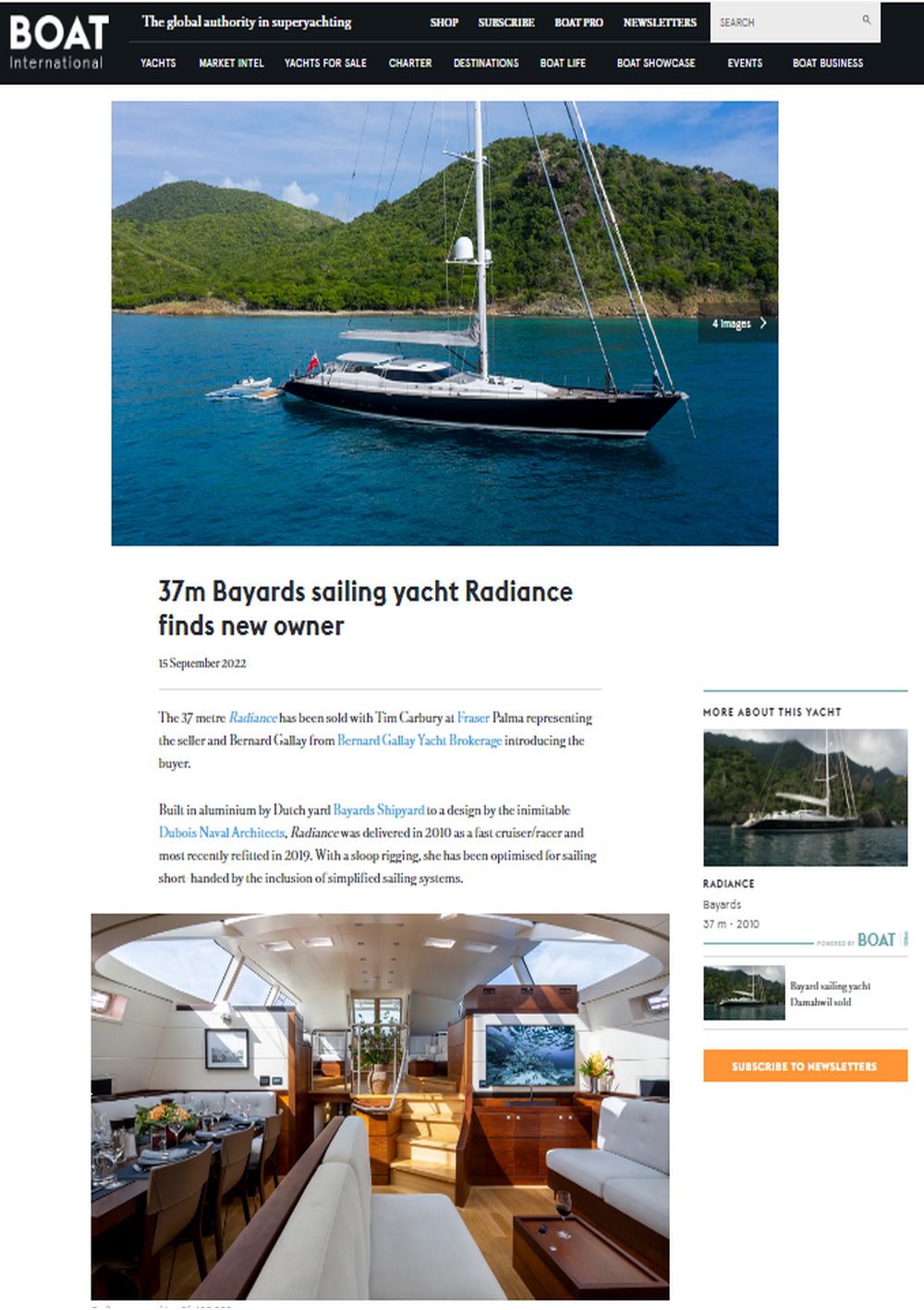 Article in the Boat International website : S/Y 37 m Ed Dubois RADIANCE Sold !