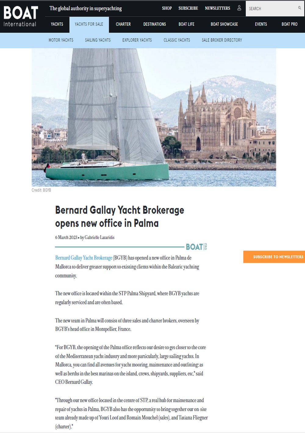 Boat International magazine announces the opening of the new BGYB office in Palma