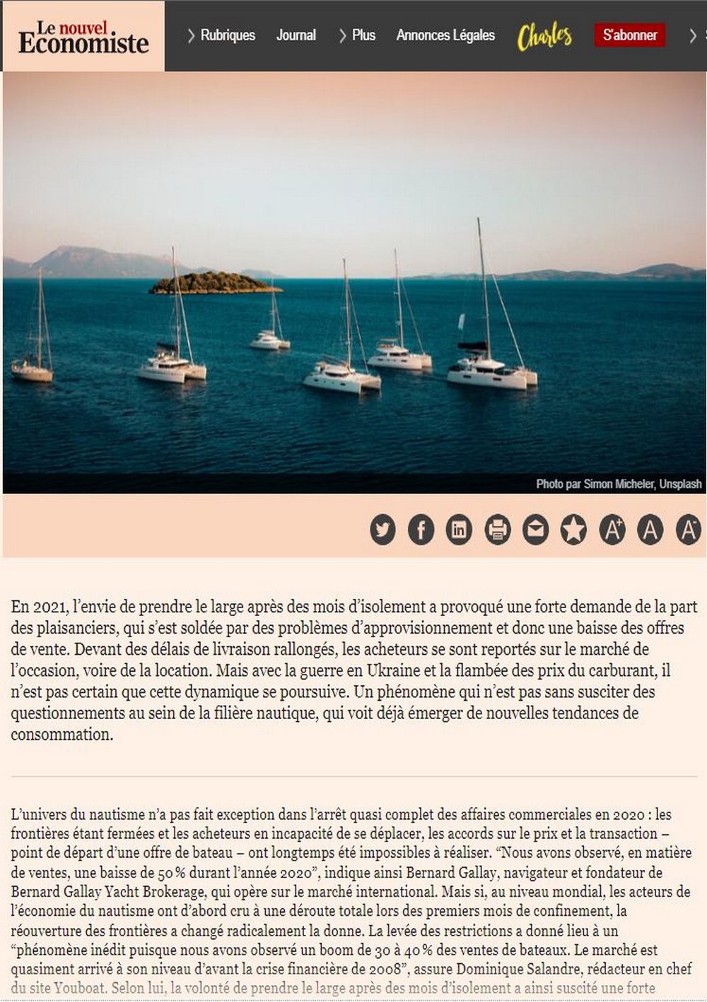The Nouvel Economiste quotes Bernard Gallay, article entitled "Le marché de la plaisance en eaux troubles".